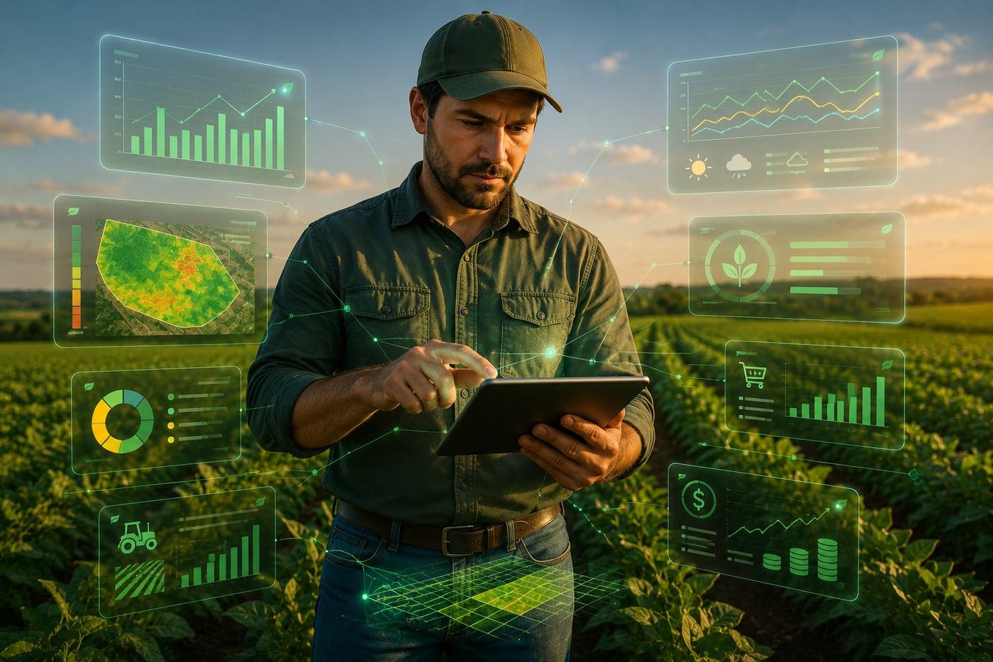 Produtor analisando dados de mercado em tablet
